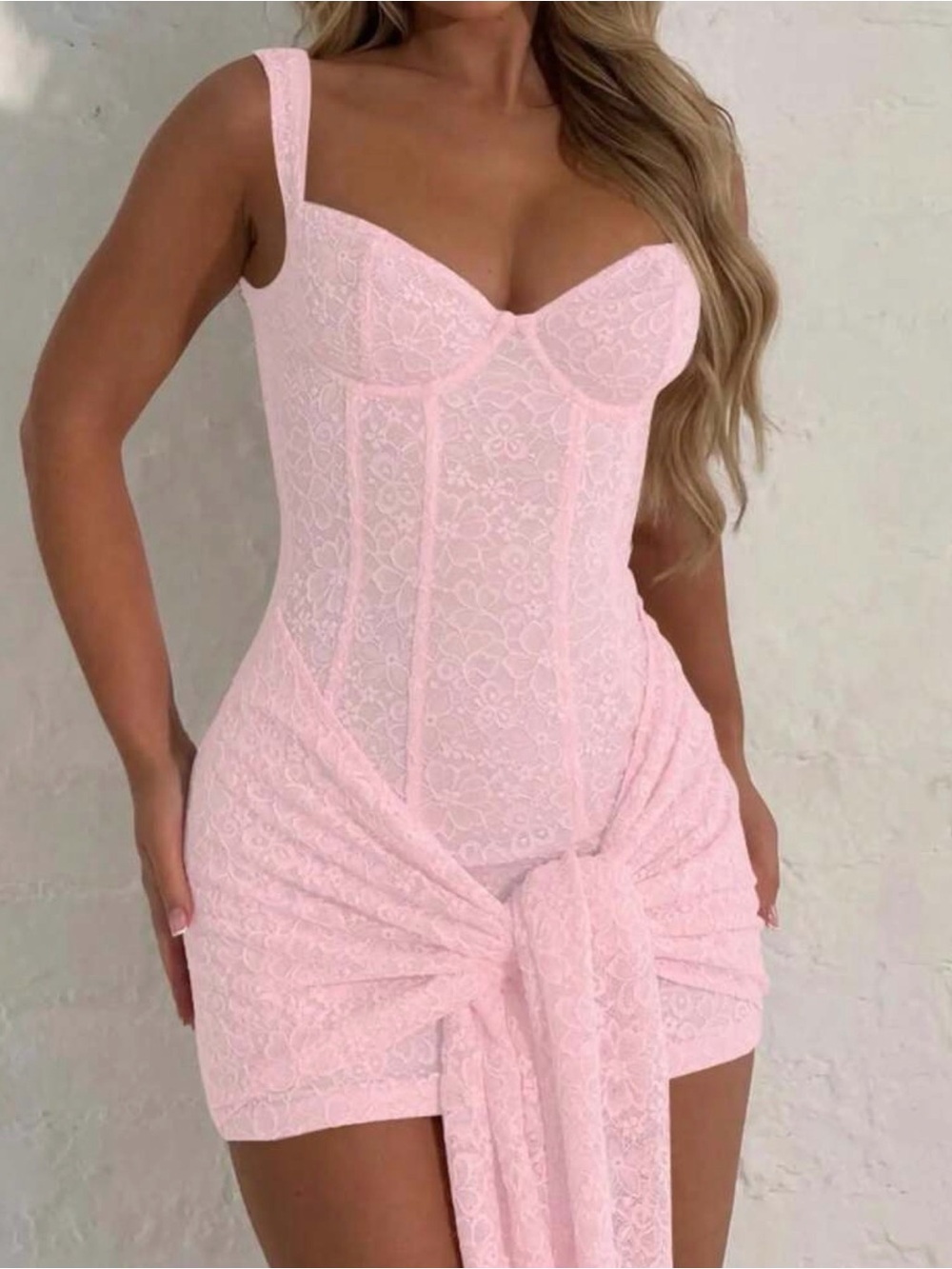 Tie front lace mini in pink